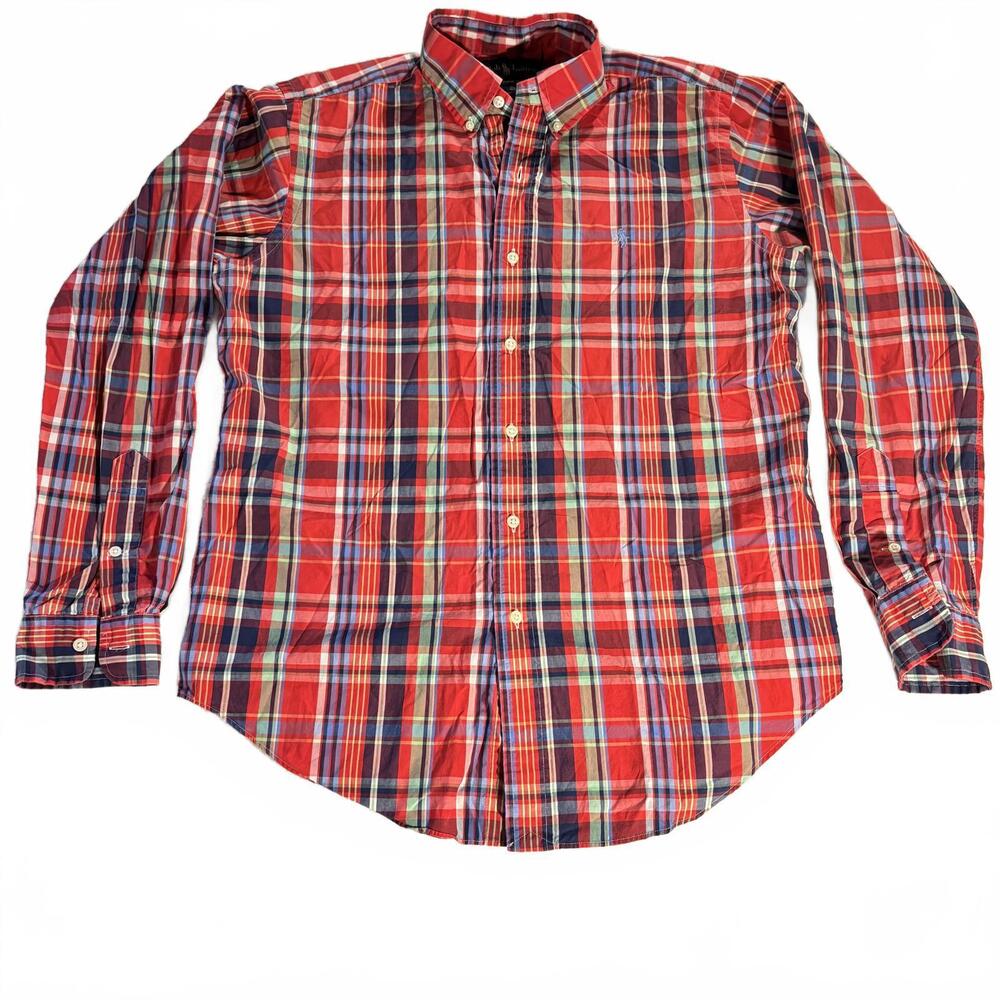 Ralph‎ Lauren Shirt Men M Multi Plaid Red Classic 100% Cotton Preppy Button Down
